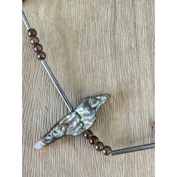 Vintage Southwestern Abalone Shell Bird Fetish Necklace With Brown Beads & Barre - Picture 4 of 6